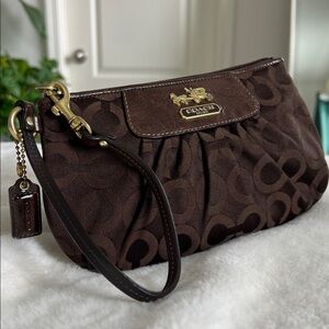 Coach Madison Brown Logo Jacquard and Leather Wristlet Mini Bag, style 41988